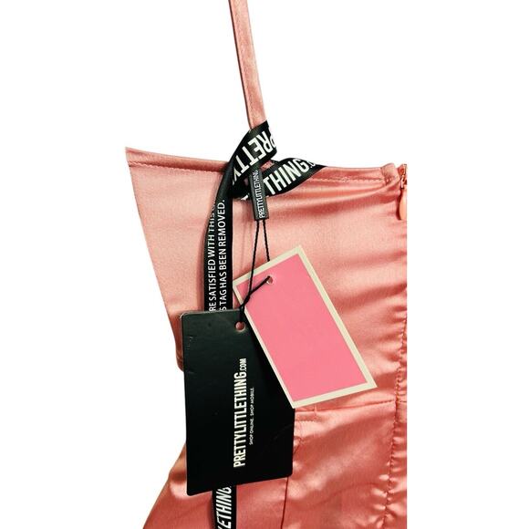 Pretty Little Thing Rose Satin Cut Out Side Bodycon Dress Sz 0 Light Pink New - Picture 7 of 9